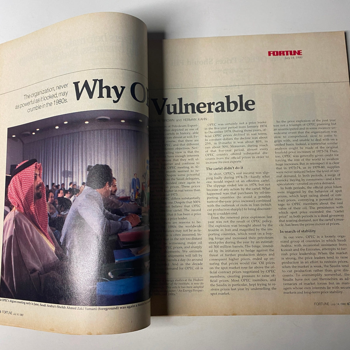 Article spread from Fortune Magazine, July 14, 1980, titled 'Why OPEC is Vulnerable,' discussing OPEC's stability and challenges.