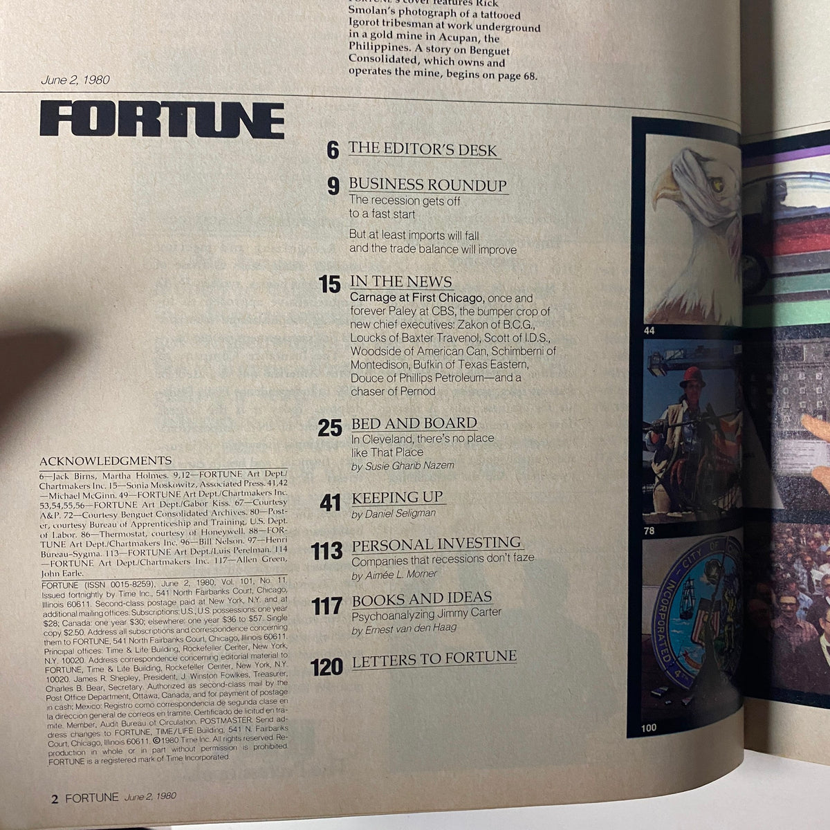 Interior page of the June 2, 1980 issue of Fortune Magazine, detailing contents including articles on business trends, personal investing and acknowledging the editorial team.