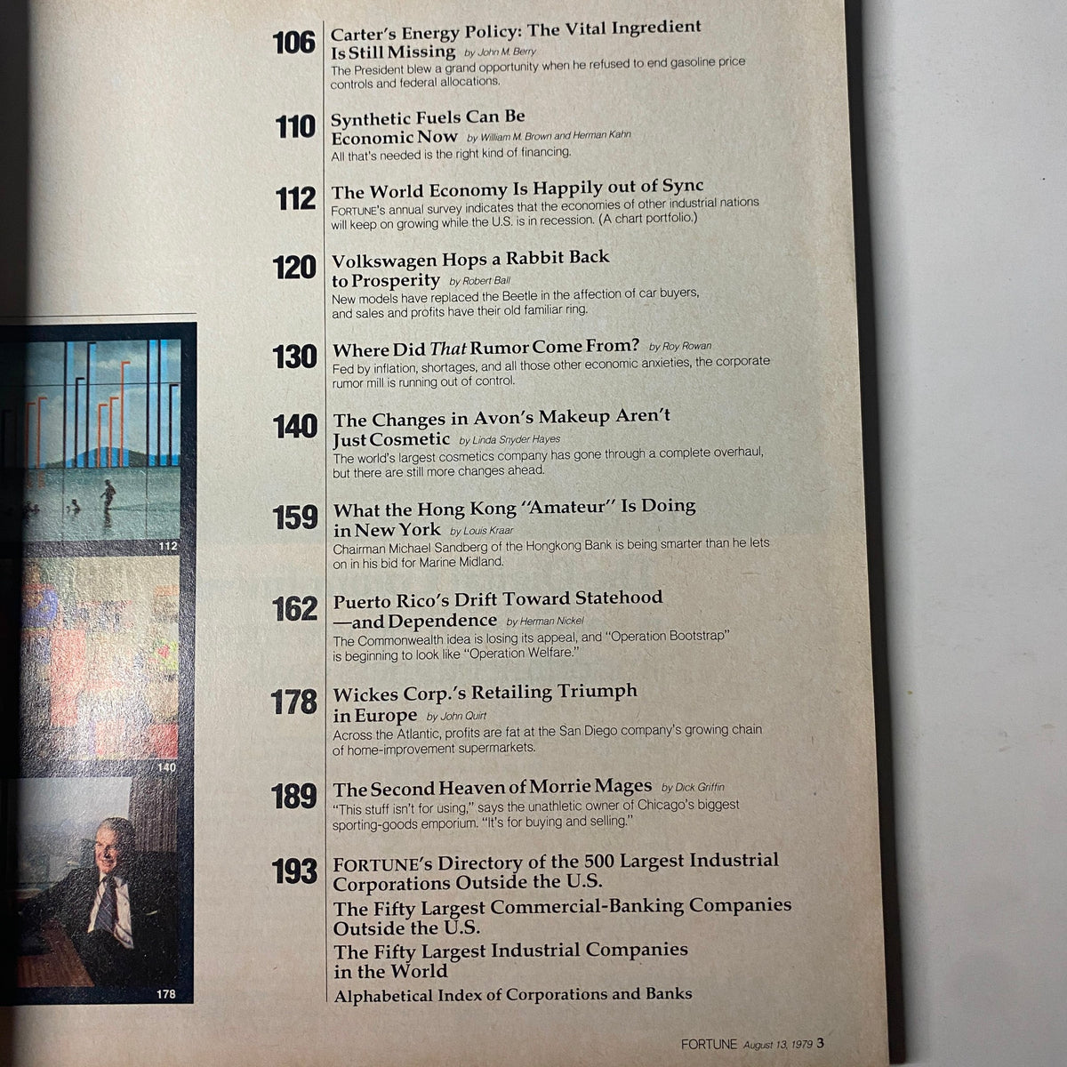 Table of contents from Fortune Magazine, August 13, 1979, highlighting Volkswagen’s expansion in the U.S. and various economic and corporate topics.