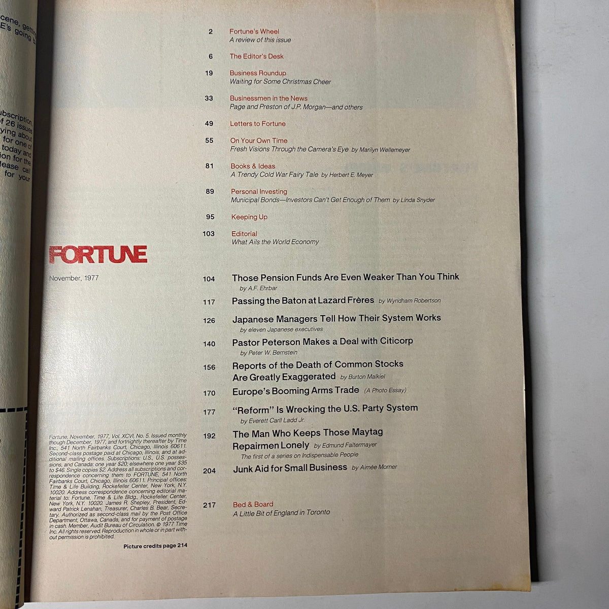 Table of contents page from Fortune Magazine, November 1977, featuring articles on pension funds and economic analysis, relevant to the headline 'Pension Funds Are Sicker Than They Look'.