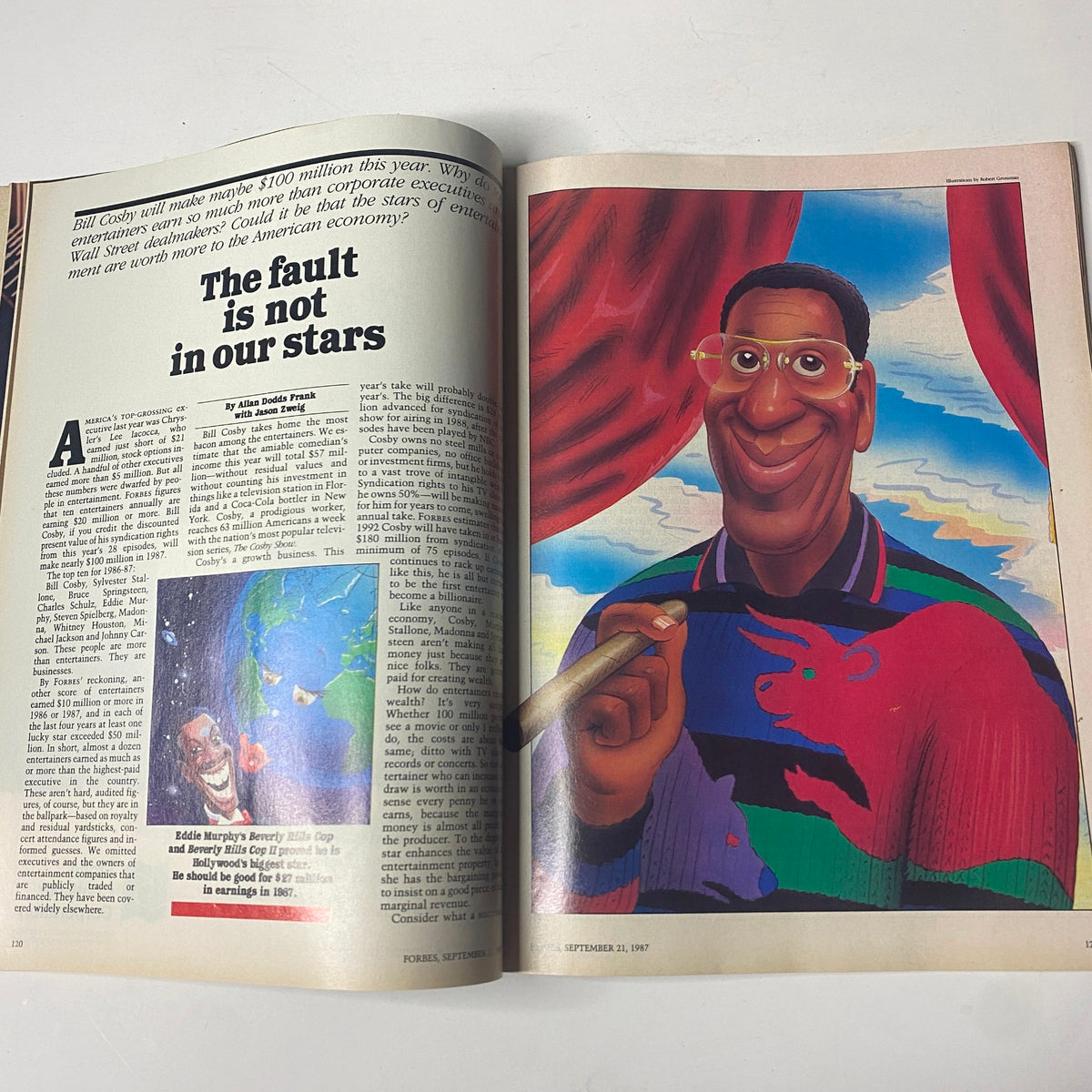 Feature article page from Forbes Magazine September 21, 1987, titled 'The Fault Is Not In Our Stars', discussing the earnings of entertainers compared to corporate executives.