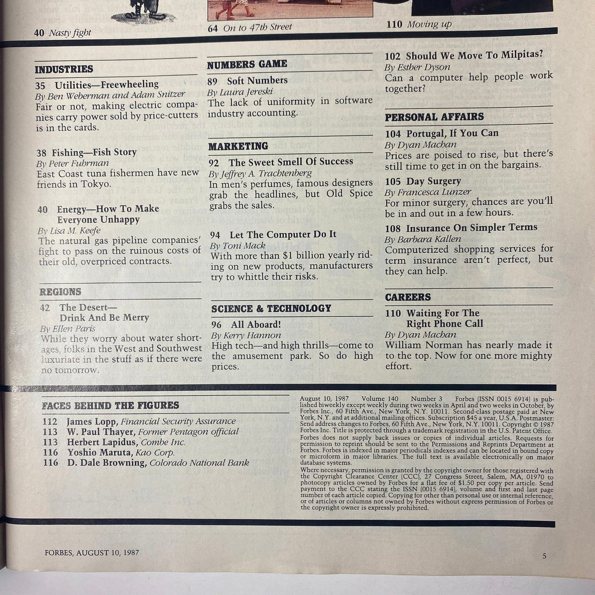 Page from Forbes Magazine, August 10, 1987, containing articles and insights on various industries and companies discussed in this issue.
