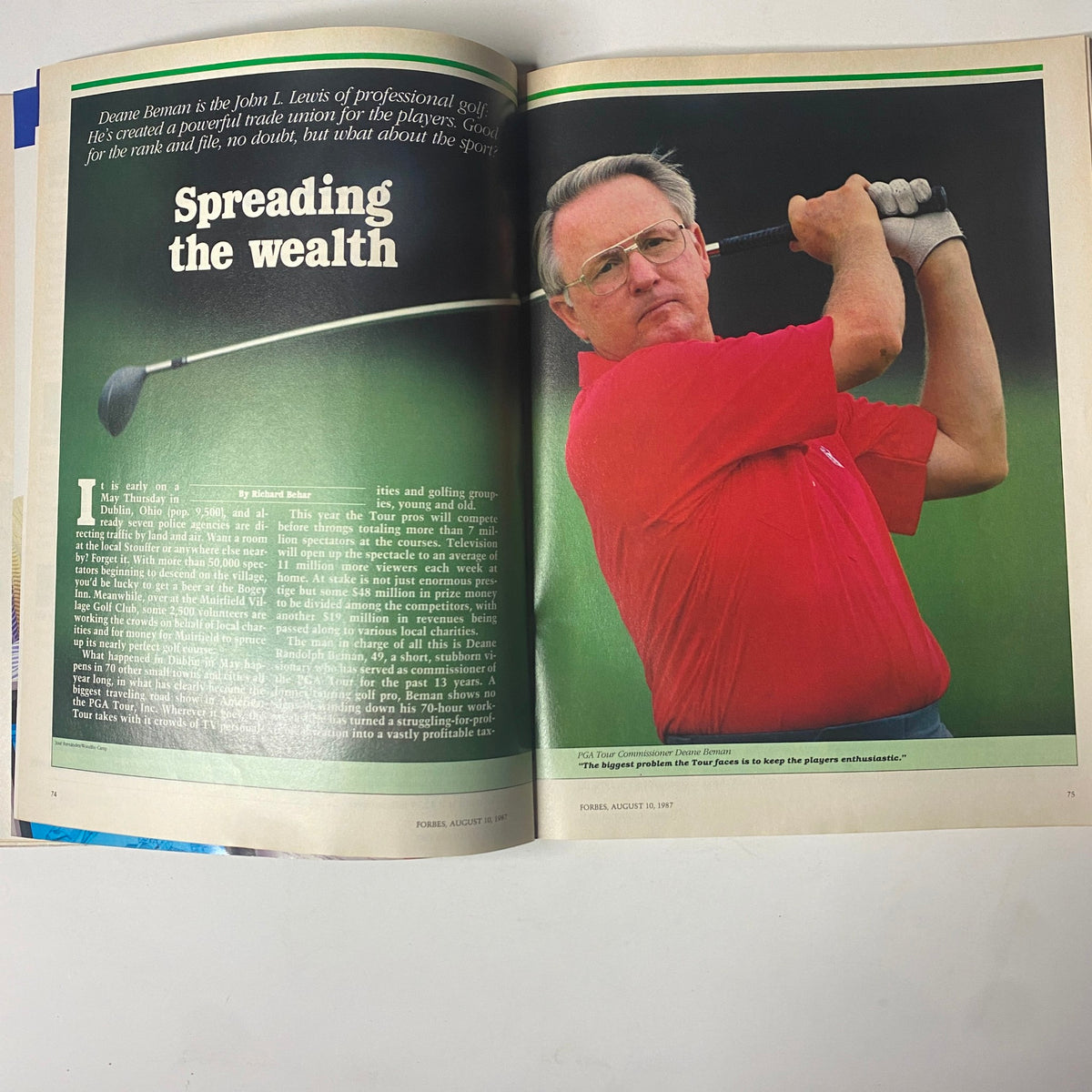 Interior page of Forbes Magazine from August 10, 1987, showcasing an article on Deane Beman and the impact of professional golf.