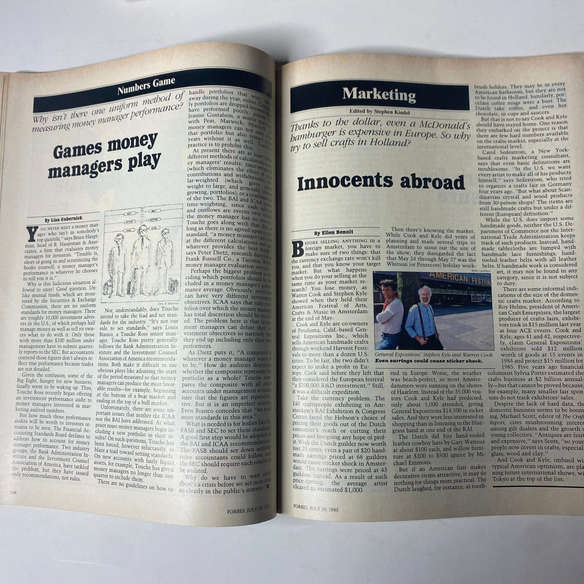 Pages from Forbes Magazine July 29, 1985, showcasing articles on money management and international marketing, reflecting on financial trends of the mid-1980s.