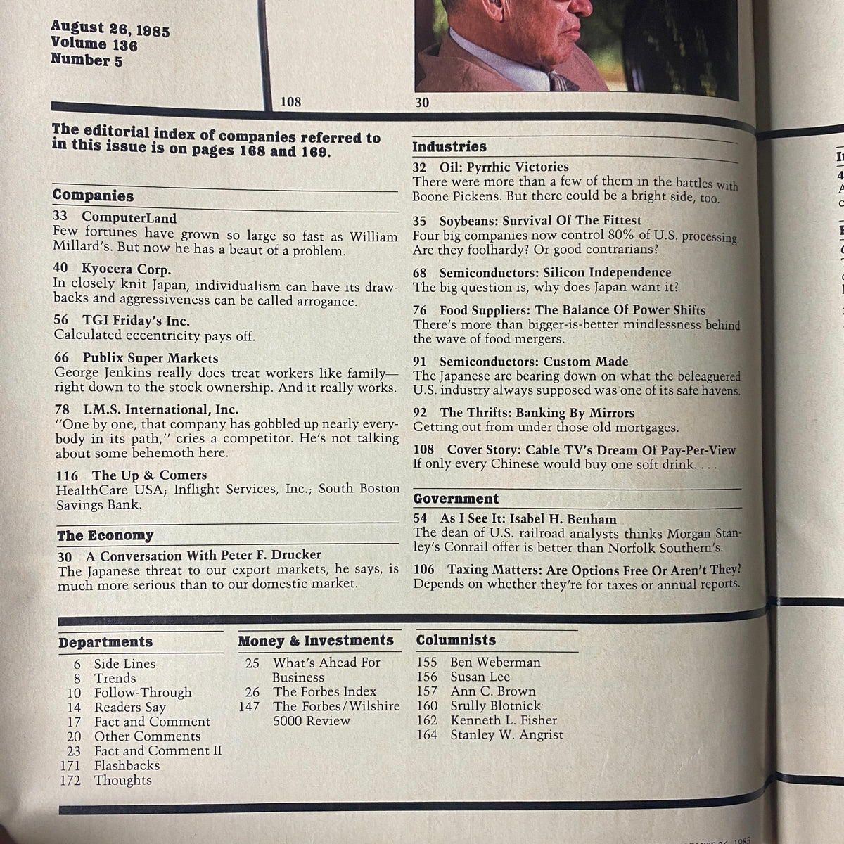 Editorial index page of Forbes Magazine from August 26, 1985, outlining featured companies and industries including ComputerLand and Kyocera Corporation.
