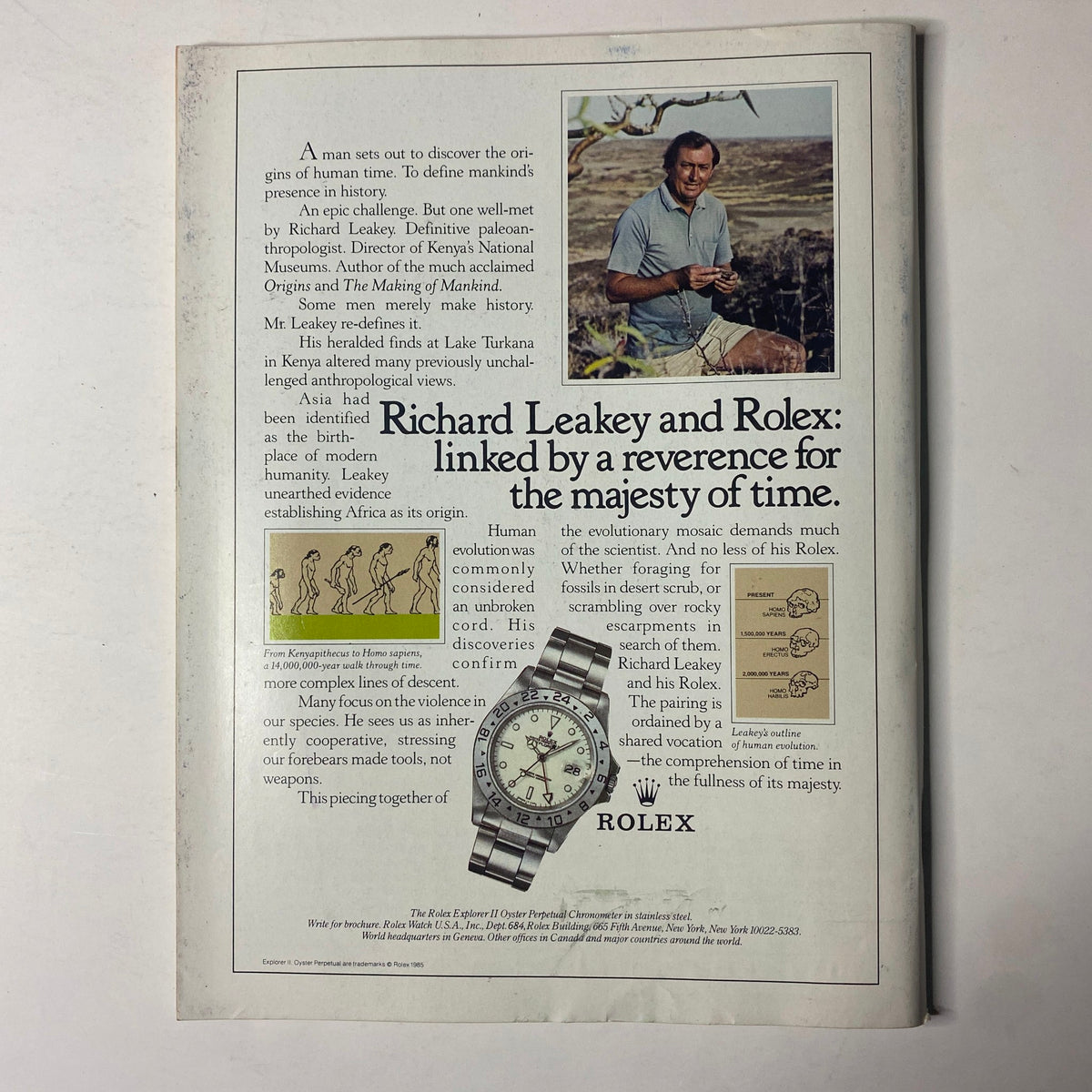 Forbes Magazine August 26, 1985 advertisement featuring Richard Leakey, a renowned paleontologist, discussing human evolution and showcasing a Rolex watch. The ad highlights Leakey's significant contributions to anthropology and pairs his image with an illustration of human ancestry.