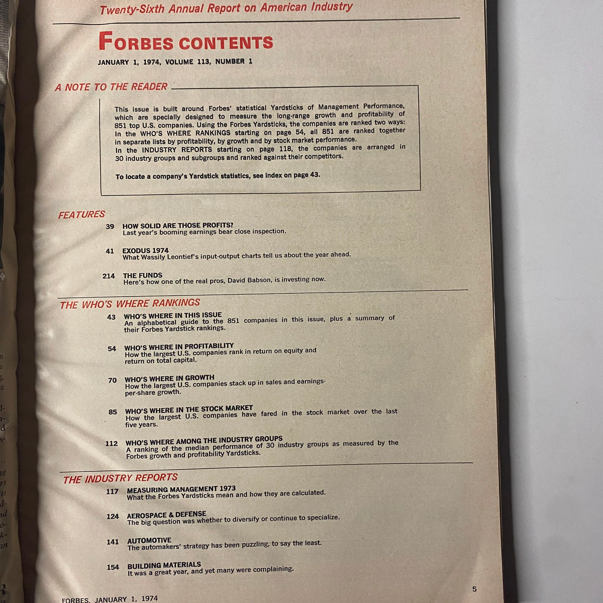 Table of contents from Forbes Magazine January 1, 1974, detailing features, rankings, and industry reports in the 26th Annual Report on American Industry.