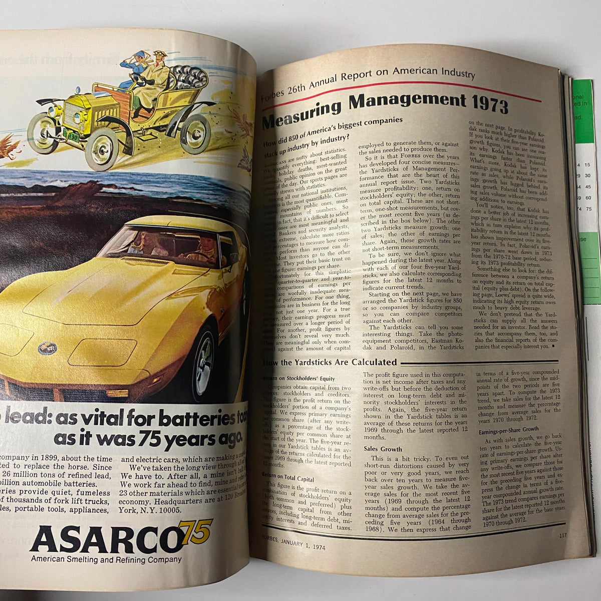 Page highlighting the Measuring Management 1973 section from Forbes Magazine January 1, 1974, showcasing analysis of major companies' performances in the 26th Annual Report on American Industry.