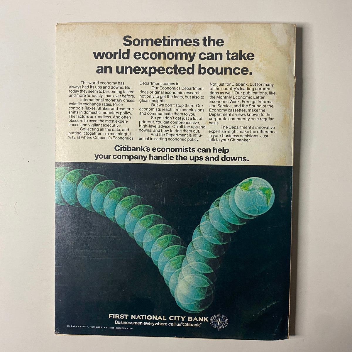 Back cover of Forbes Magazine January 1, 1974, featuring an advertisement for Citibank discussing economic insights and market analysis.
