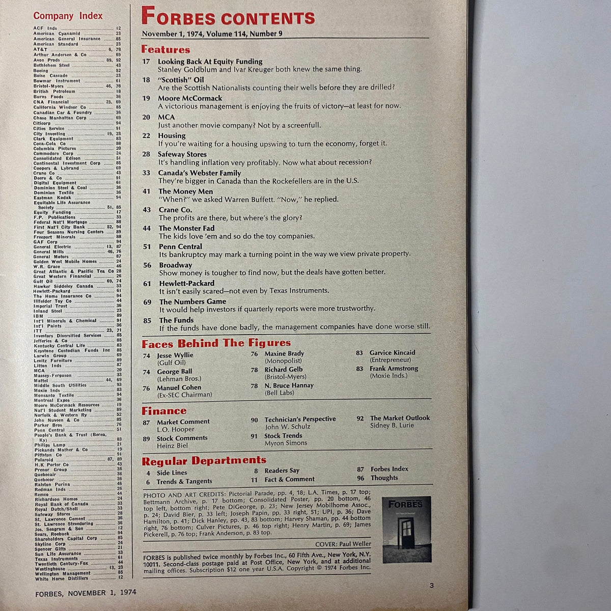 Contents page of Forbes Magazine, November 1, 1974, detailing featured articles and sections including 'Looking Back At Equity Funding'.