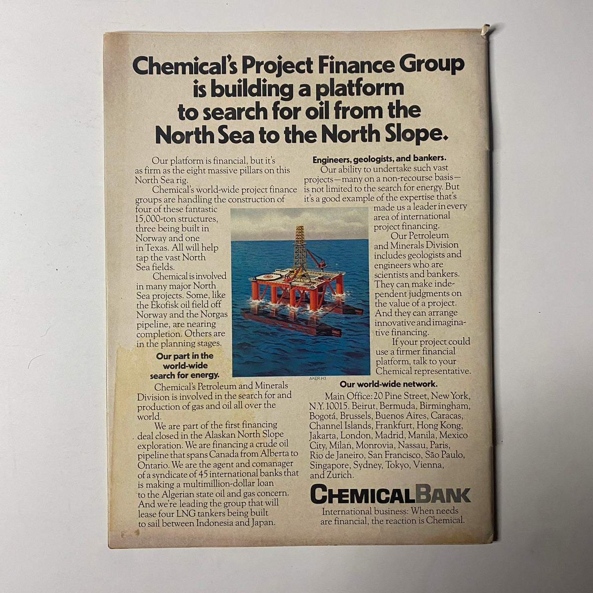 Advertisement in Forbes Magazine from November 1, 1974, by Chemical Bank, promoting their project finance group's efforts in the oil industry.