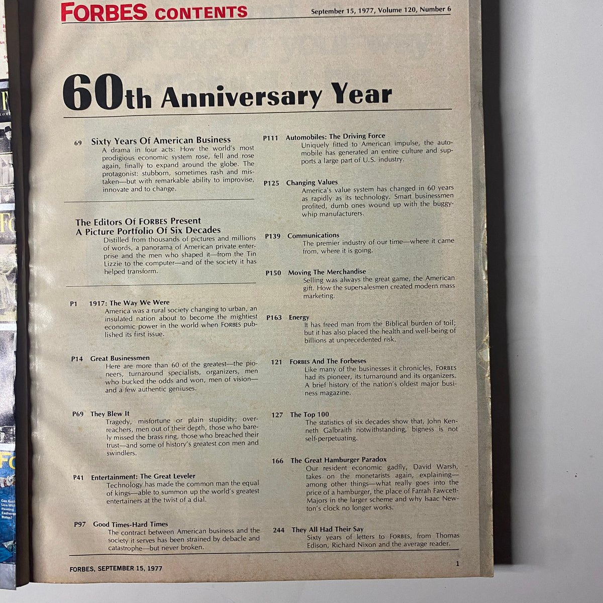 Contents page of Forbes Magazine September 15, 1977, highlighting key articles and features commemorating 60 years of American business.