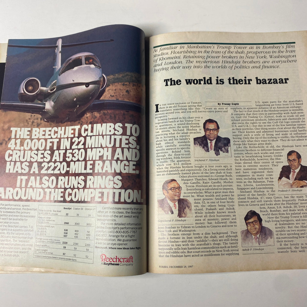 Spread in Forbes Magazine December 28, 1987, revealing an article titled 'The World Is Their Bazaar', highlighting the Hinduja Brothers and their global business activities.