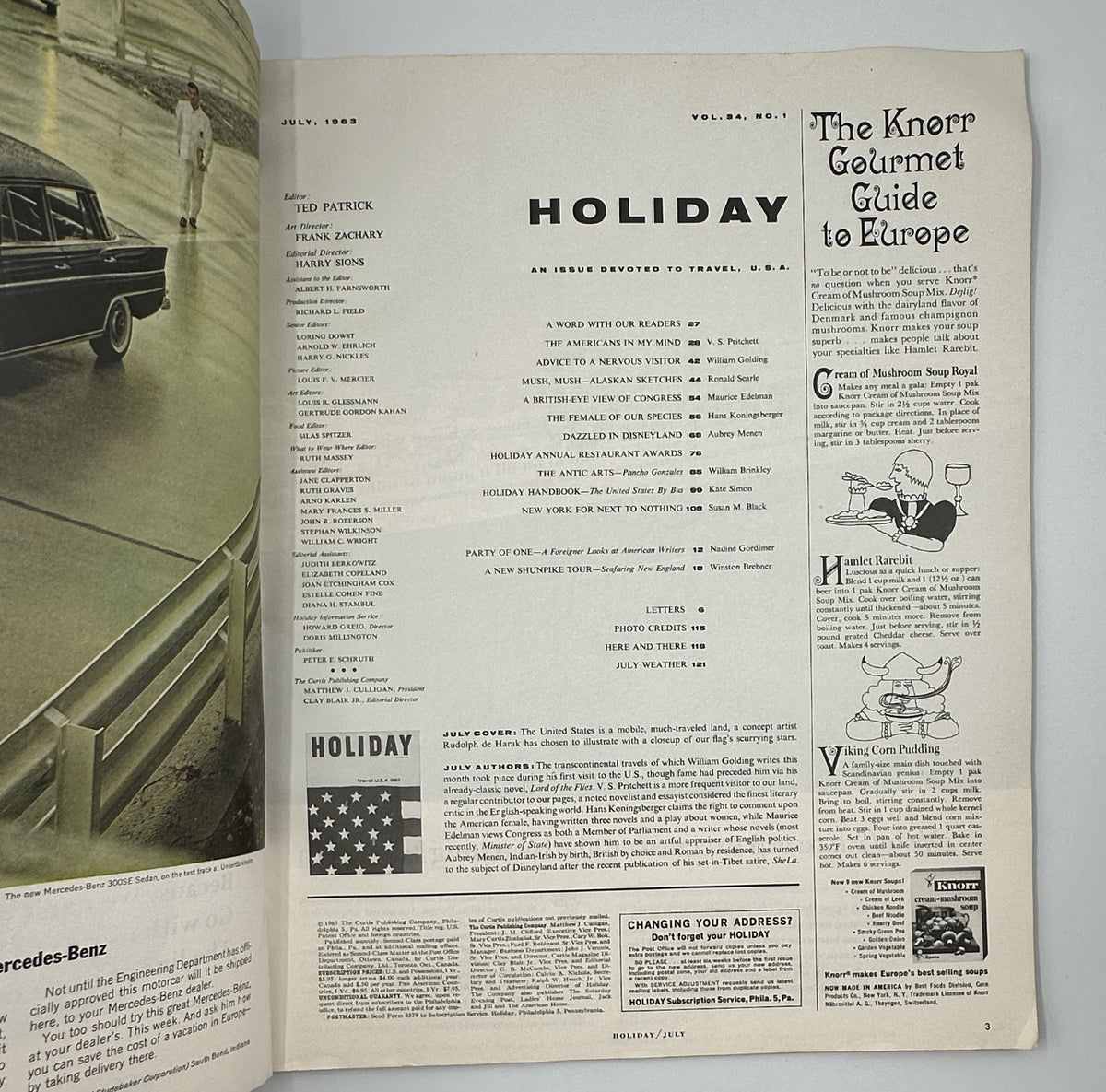 Inside page of Holiday Magazine July 1963 showcasing the Table of Contents and information about travel articles, emphasizing its theme of travel.