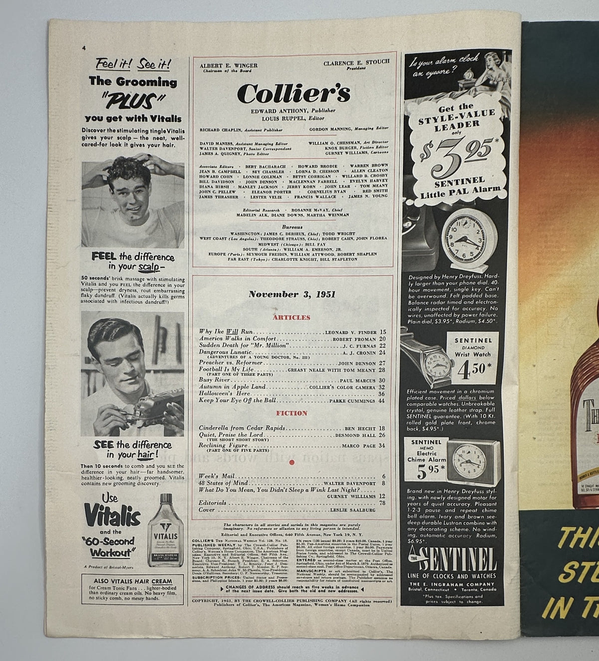 Inside page of Collier’s Magazine, November 3, 1951, showcasing the Table of Contents and articles such as 'Sudden Death for “Mr. Million”' by J.C. Furnas.