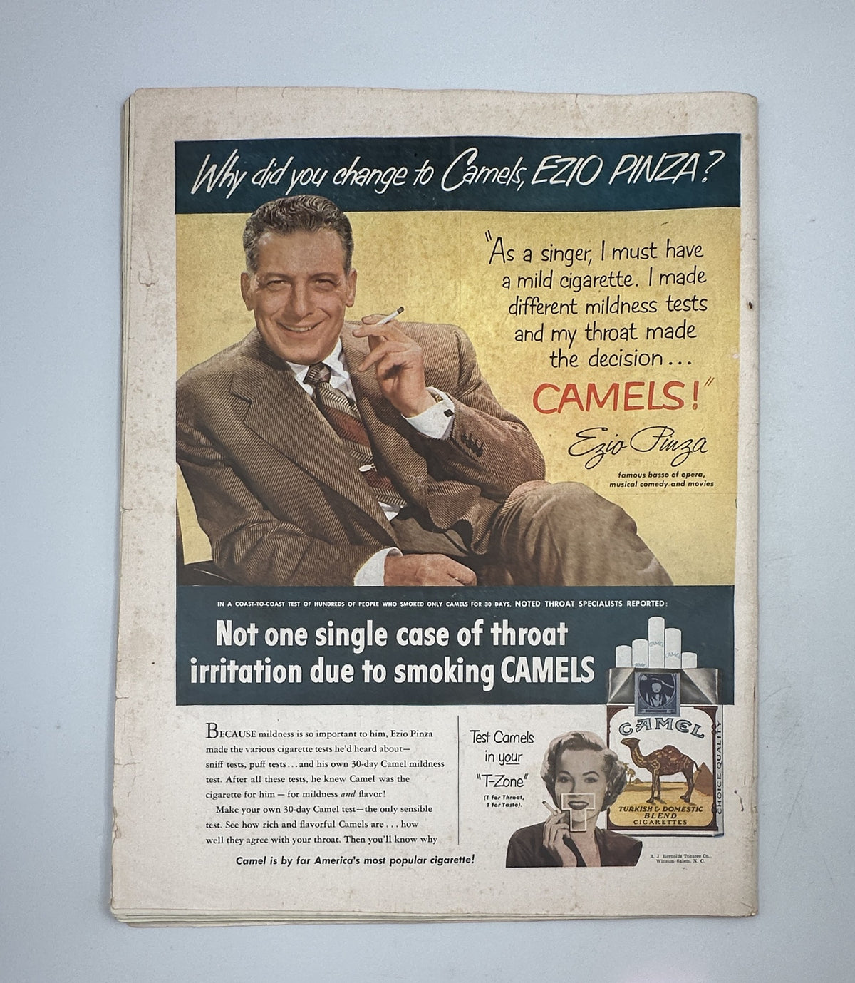 Back cover of Collier’s Magazine from November 3, 1951, featuring an advertisement for Camels cigarettes with a celebrity endorsement from Ezio Pinza, illustrating mid-20th century advertising trends.