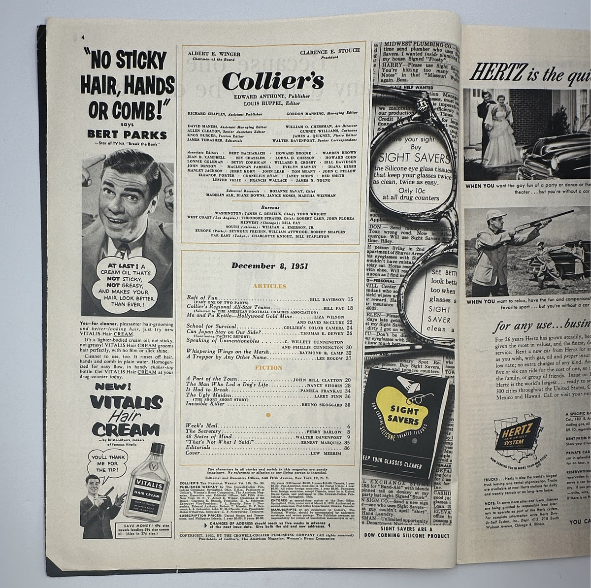 Collier’s Magazine December 8, 1951 featuring articles including 'Raft of Fun' and advertisements for products like Vitalis Hair Cream, showcasing a vintage magazine layout.
