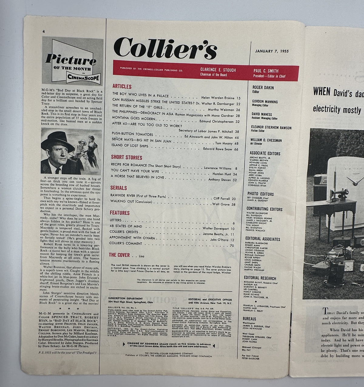 Interior page of Collier’s Magazine January 7, 1955 showing the Table of Contents with articles, short stories, and features listed.
