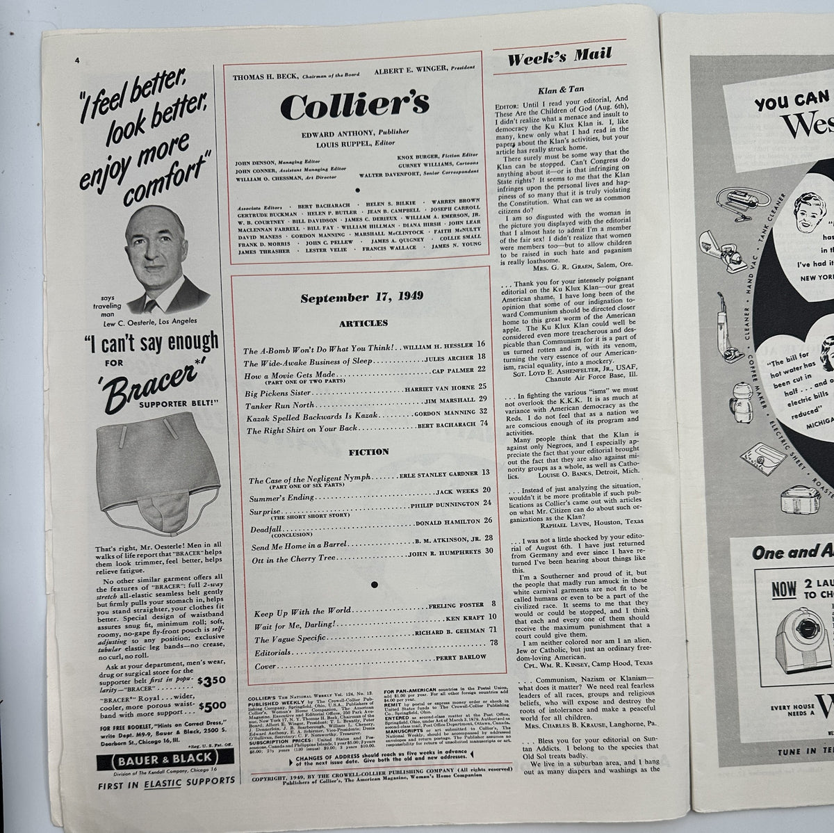 Interior page of Collier's Magazine from September 17, 1949, featuring articles and fiction including 'The A-Bomb Won’t Do What You Think!' and 'The Case of the Negligent Nymph.' The page reflects mid-20th century design and advertising.