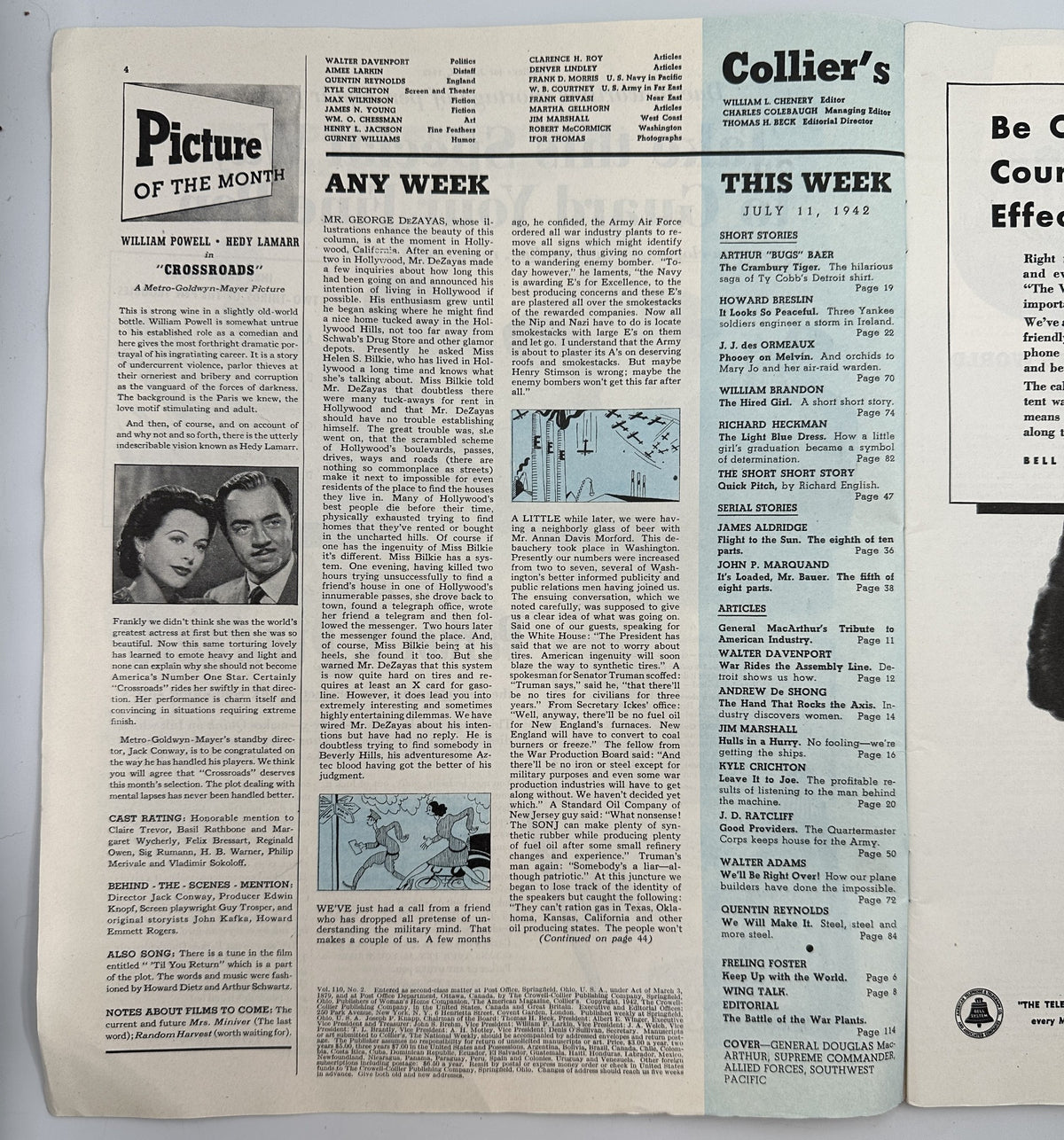 Inside page of Collier’s Magazine dated July 11, 1942, displaying the 'Picture of the Month' section along with various articles, reflecting the cultural context of the time.