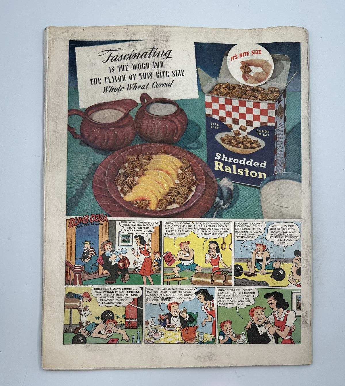 Advertisement page from Collier’s Magazine July 11, 1942, featuring a promotion for Shredded Ralston whole wheat cereal, emphasizing its enticing flavor and bite-size convenience.