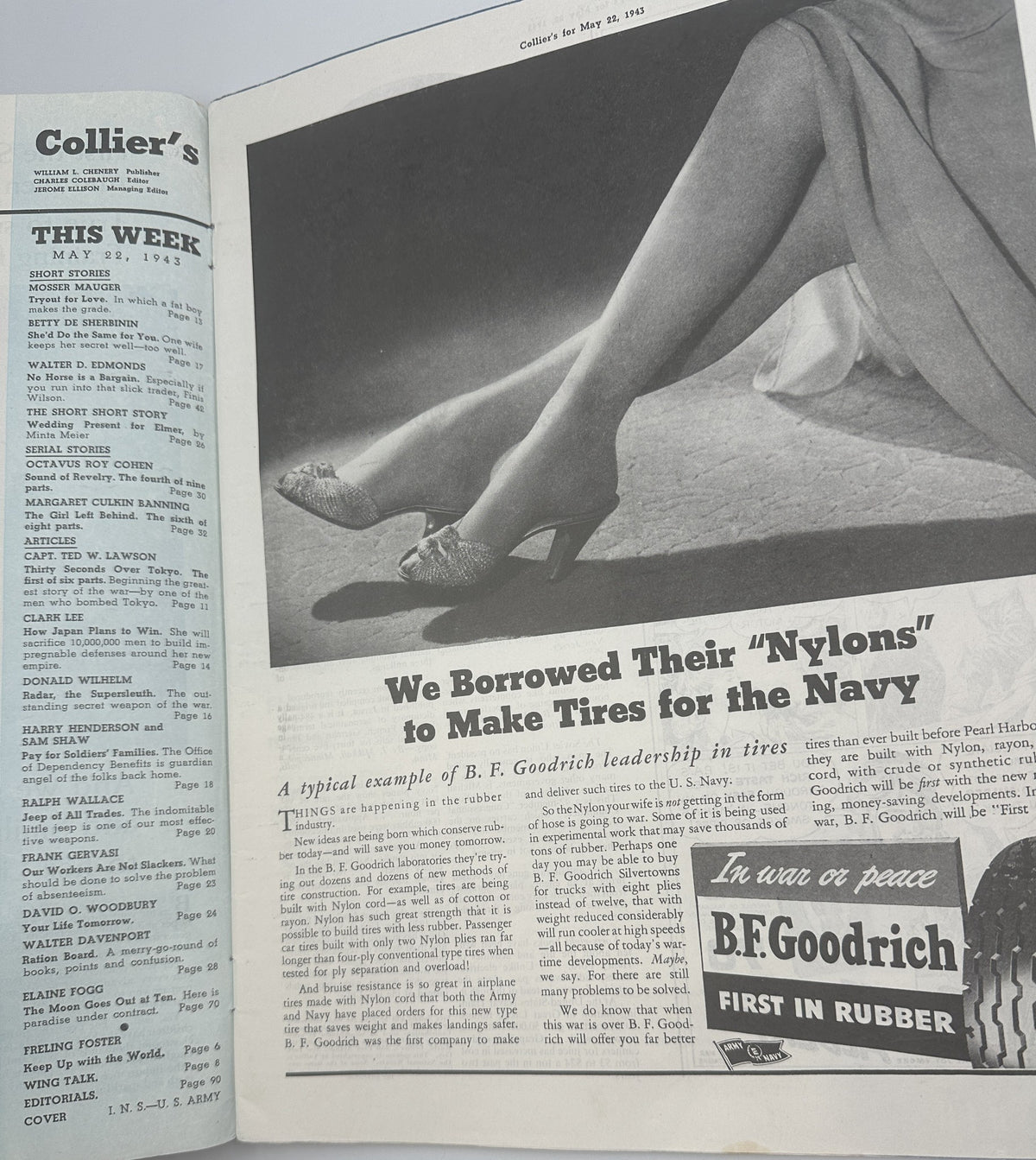 Interior page of Collier’s Magazine from May 22, 1943, highlighting an article about tire production for the Navy, featuring a vintage advertisement and an image of a woman's legs in high heels.