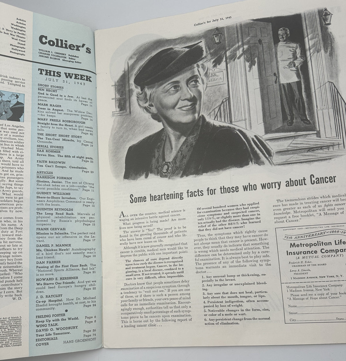 Inside page of Collier’s Magazine from July 31, 1943, showcasing an article titled 'Some heartening facts for those who worry about Cancer' alongside illustrations and text.