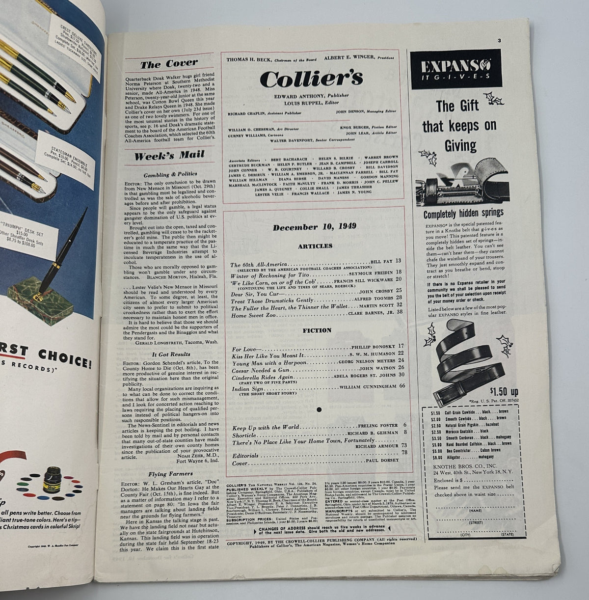 Interior page of Collier’s Magazine December 10, 1949, displaying the table of contents and articles section.