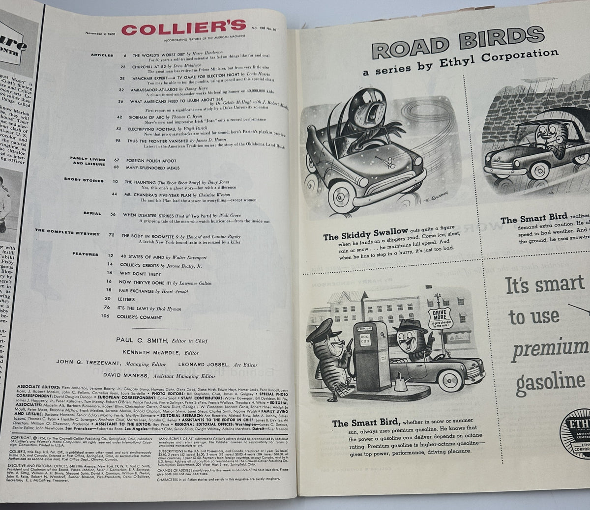 Collier’s Magazine from November 9, 1956, featuring a Table of Contents including articles on diet, Churchill at 82, and a TV game for election night.