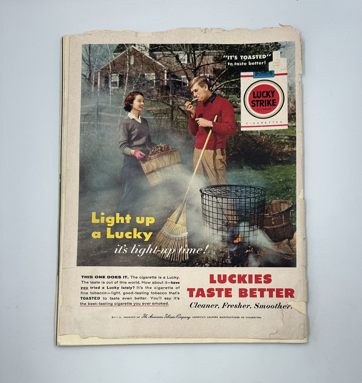 Another angle of the cover of Collier’s Magazine from November 9, 1956, displaying the Lucky Strike cigarette advertisement and its catchy slogan.