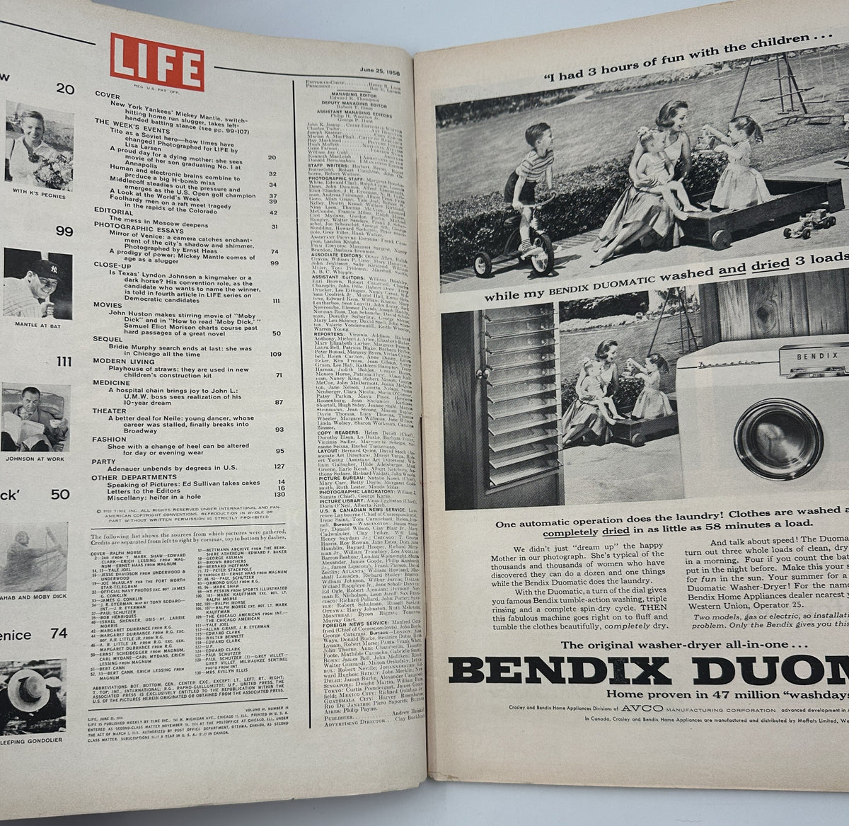 Inside pages of LIFE Magazine from June 25, 1956, showcasing the Table of Contents and advertisements, including an ad for the Bendix Duomatic washing machine. This issue features articles and photography relevant to the era.