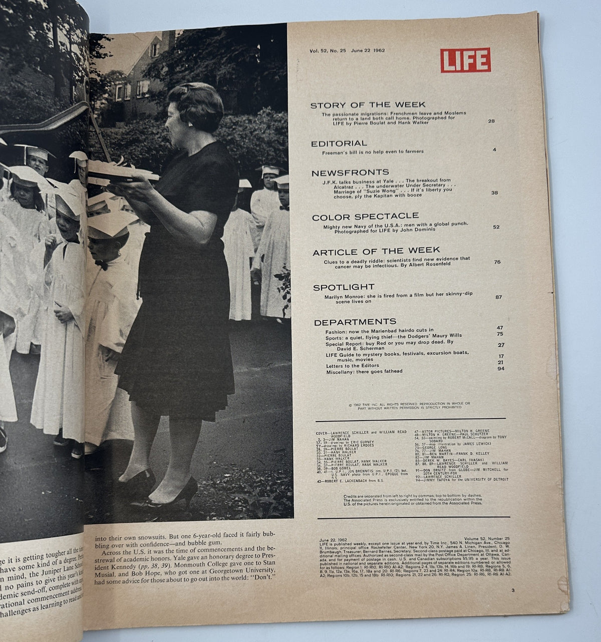 Inside page of LIFE Magazine from June 22, 1962, displaying the Table of Contents, with features like 'Story of the Week', 'Editorial', and 'Departments'. This page reflects mid-20th century magazine layout.