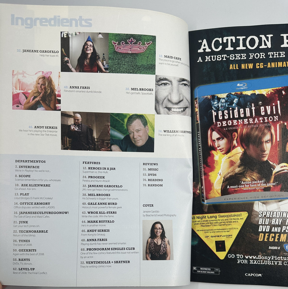 Geek Magazine January 2009 featuring Janeane Garofalo, Anna Faris, Mel Brooks, and others, showcasing the Table of Contents and notable features.