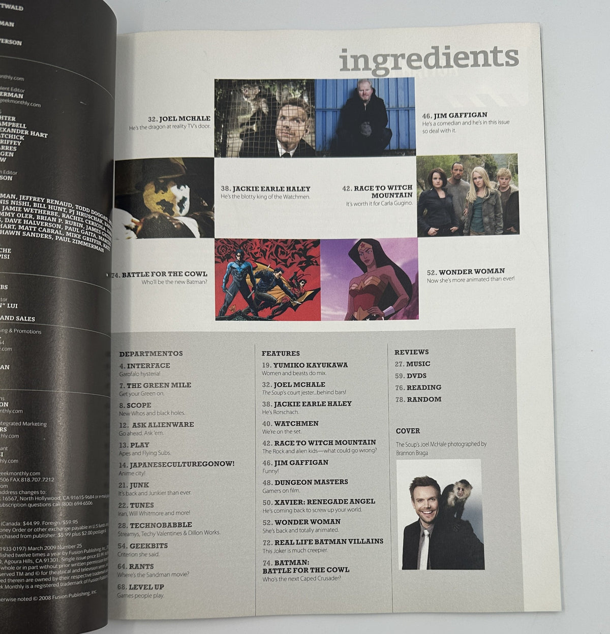 Table of contents page from Geek Magazine March 2009, listing features on Joel McHale, Jackie Earle Haley, and Wonder Woman, along with various entertainment topics.