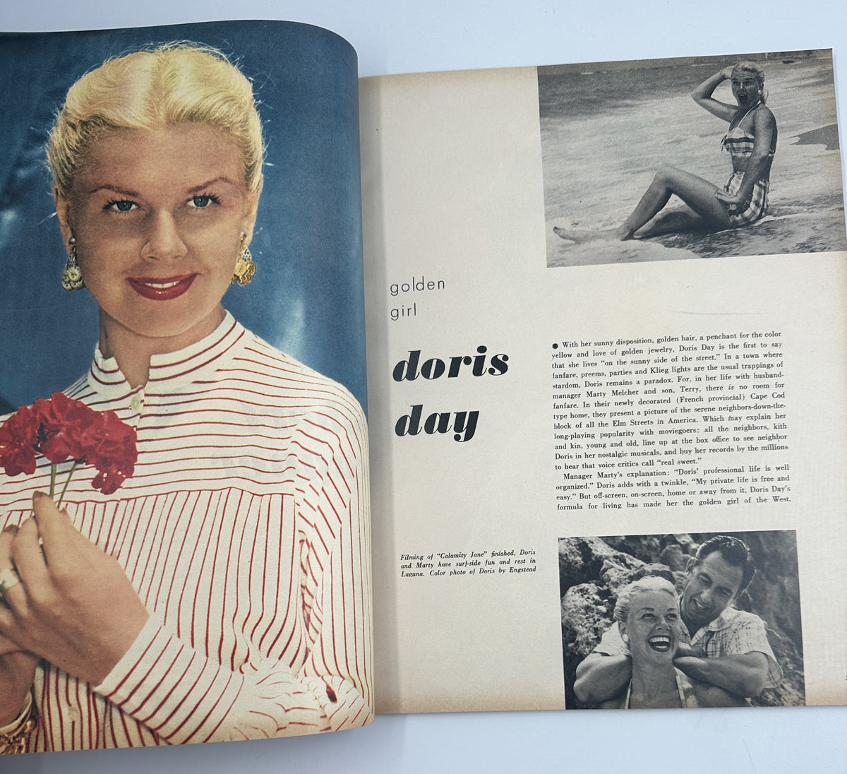 Feature page on Doris Day in the 1954 Photoplay Annual Magazine, including photography and information about her career and achievements.