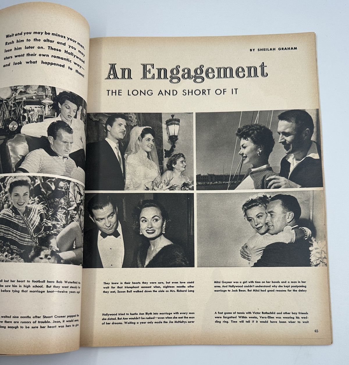 Article page from Photoplay Magazine March 1955 titled 'An Engagement' discussing Hollywood personal stories, showcasing images of couples and key moments.