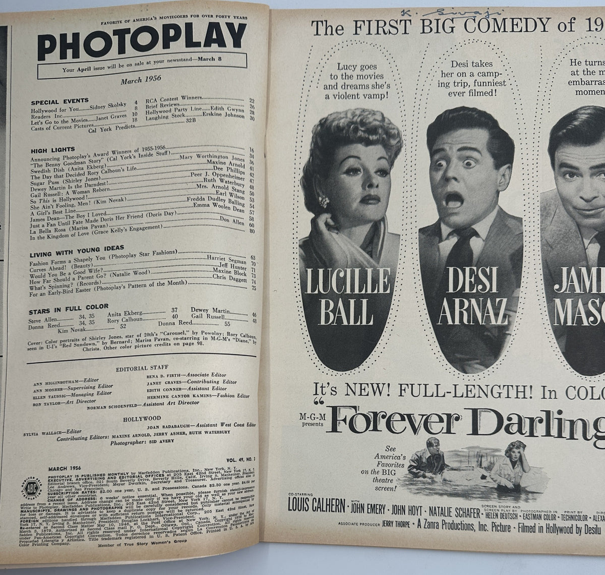 Interior page of Photoplay Magazine March 1956 displaying the table of contents, featuring special events and highlights including Lucille Ball and Desi Arnaz.