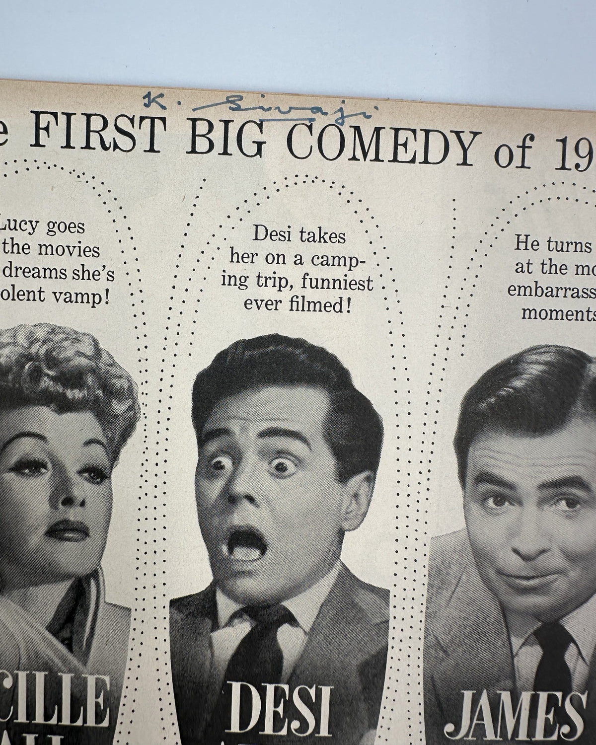 Close-up of an article in Photoplay Magazine March 1956 regarding the first big comedy of 1956 starring Lucille Ball, Desi Arnaz, and James Mason, showcasing the film 'Forever Darling'.