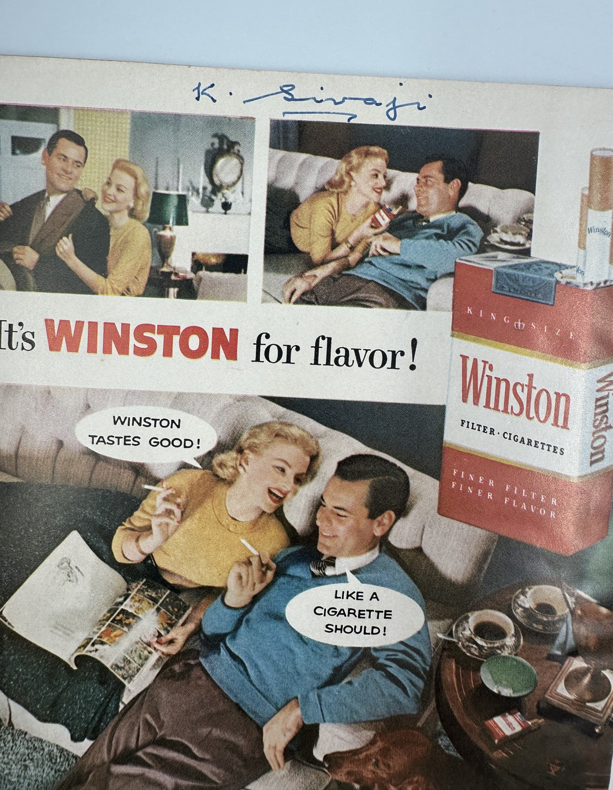 Vintage advertisement for Winston cigarettes featuring a couple enjoying leisure time together, from Photoplay Magazine March 1956.