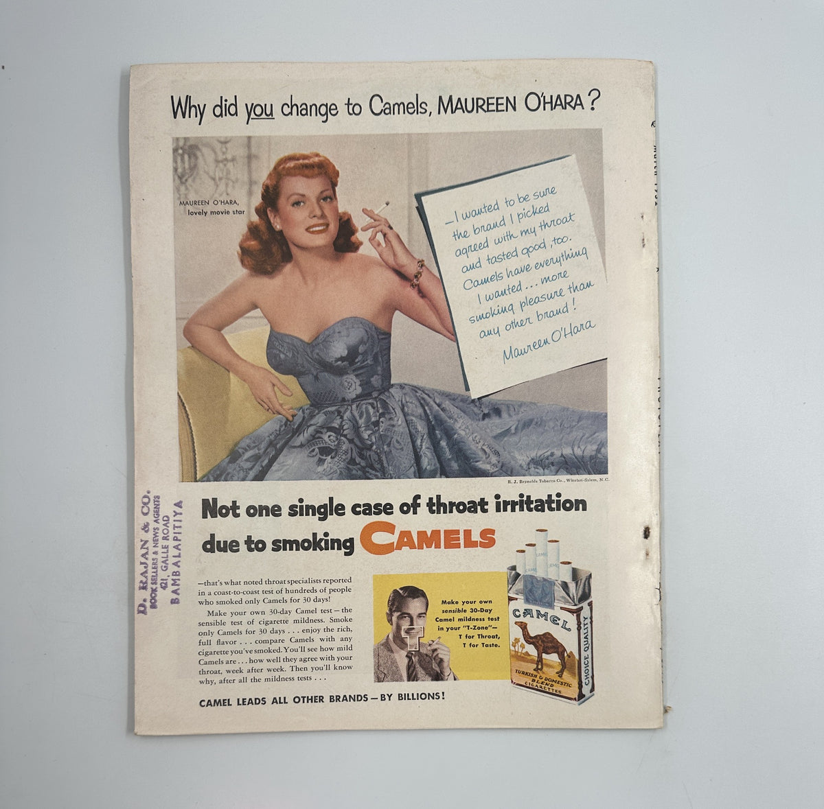 Photoplay Magazine March 1952 cover showcasing actress Maureen O'Hara in a glamorous dress, promoting Camel cigarettes. The cover includes a quote from Maureen O'Hara about her change to Camels.