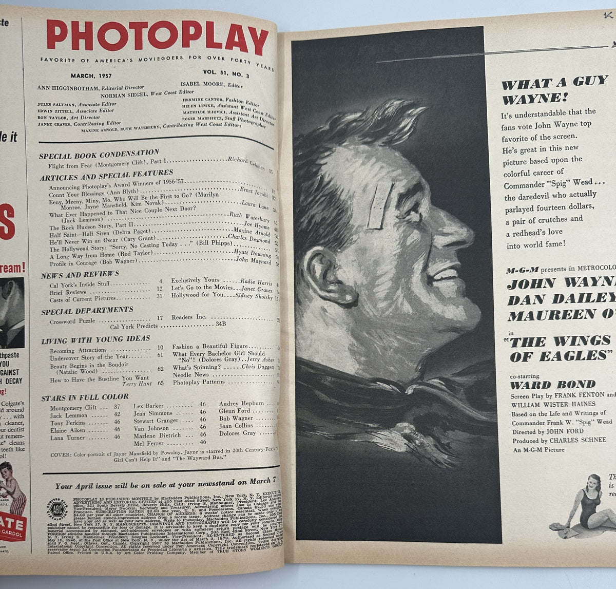 Inside page of Photoplay Magazine March 1957 displaying the Table of Contents alongside a portrait of John Wayne.
