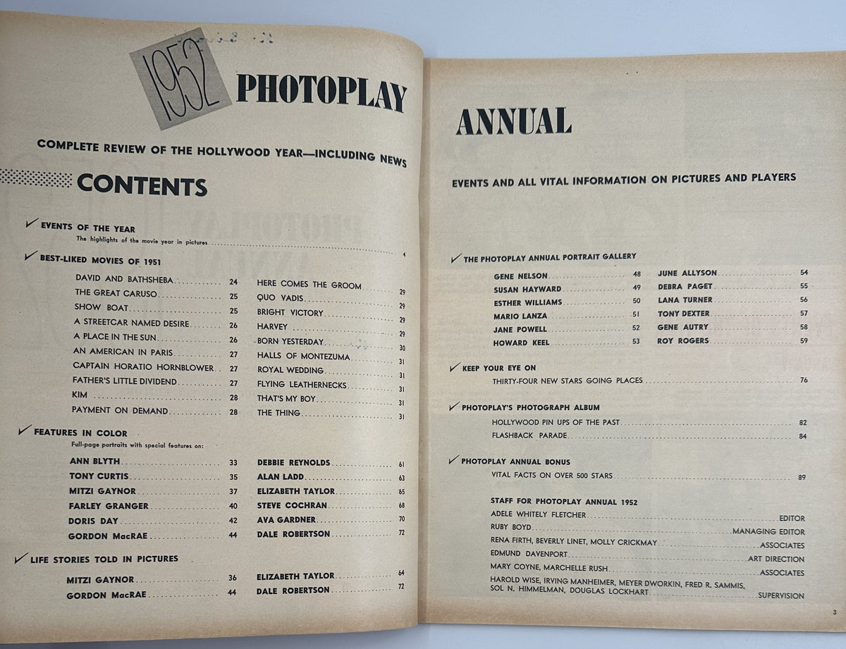 Inside page of the Photoplay Annual Magazine 1952 displaying the Table of Contents, summarizing the best-liked movies of 1951, events of the year, and features in color.