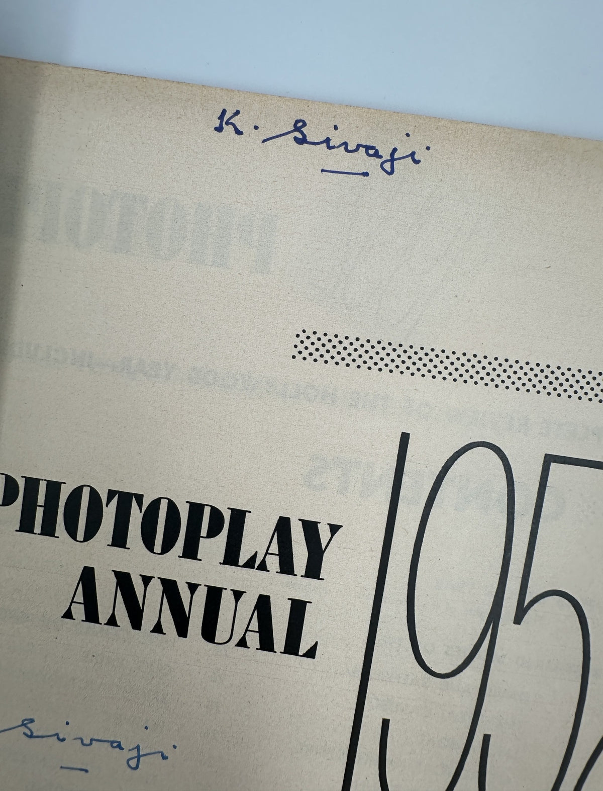 Close-up of the signature inside the Photoplay Annual Magazine 1952 with the name K. Sivarji, indicating previous ownership.