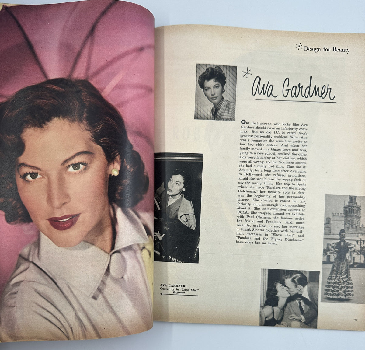 Page from the Photoplay Annual Magazine 1952 focusing on Ava Gardner, with a biography and images highlighting her career in Hollywood.