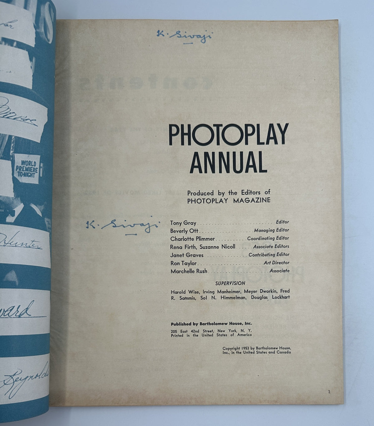 Editorial page of the 1953 Photoplay Annual magazine, detailing the production team and magazine overview, important for vintage magazine collectors.