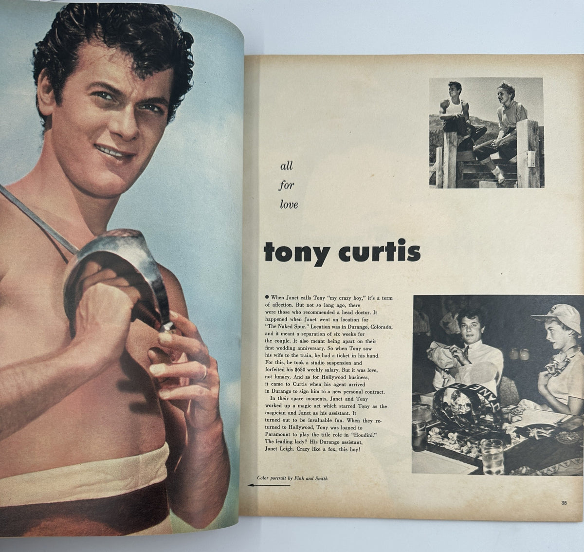 Tony Curtis featured in the 1953 Photoplay Annual Magazine, showcasing a close-up portrait with a sun-kissed look, holding a reflective object. The spread highlights his charisma and features a section titled 'All for Love'.