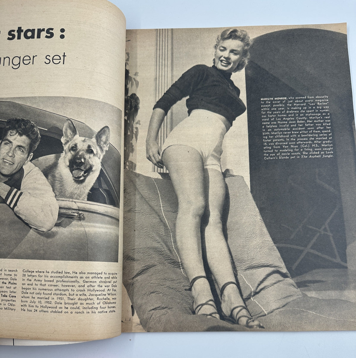 Marilyn Monroe featured in 'Who's Who in Hollywood Magazine 1953', showcasing her glamorous style while posing with a dog, representing the younger set of superstars.