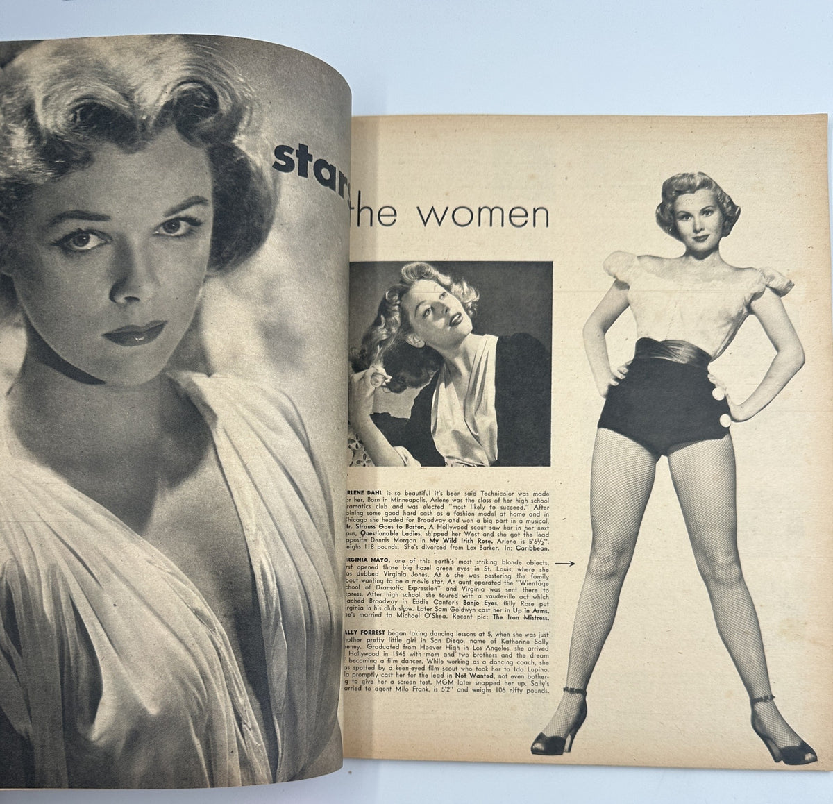 Two female stars highlighted in 'Who's Who in Hollywood Magazine 1953', showcasing their beauty and talent, under the section 'stars: the women'.