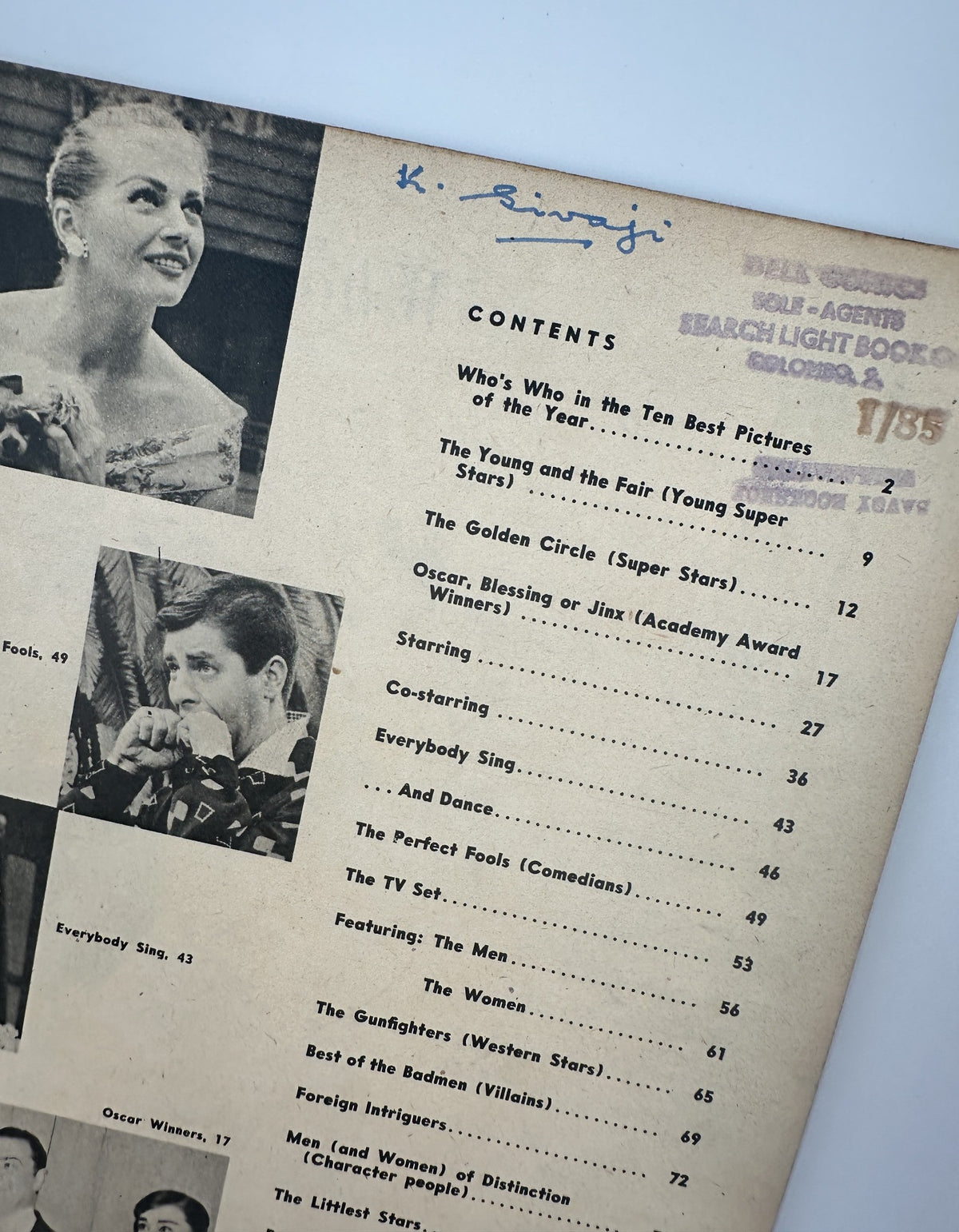 Back cover of 'Who's Who in Hollywood Magazine 1957 Debbie Reynolds Star of the Year' featuring the table of contents with titles such as Co-starring and Featuring: The Men.