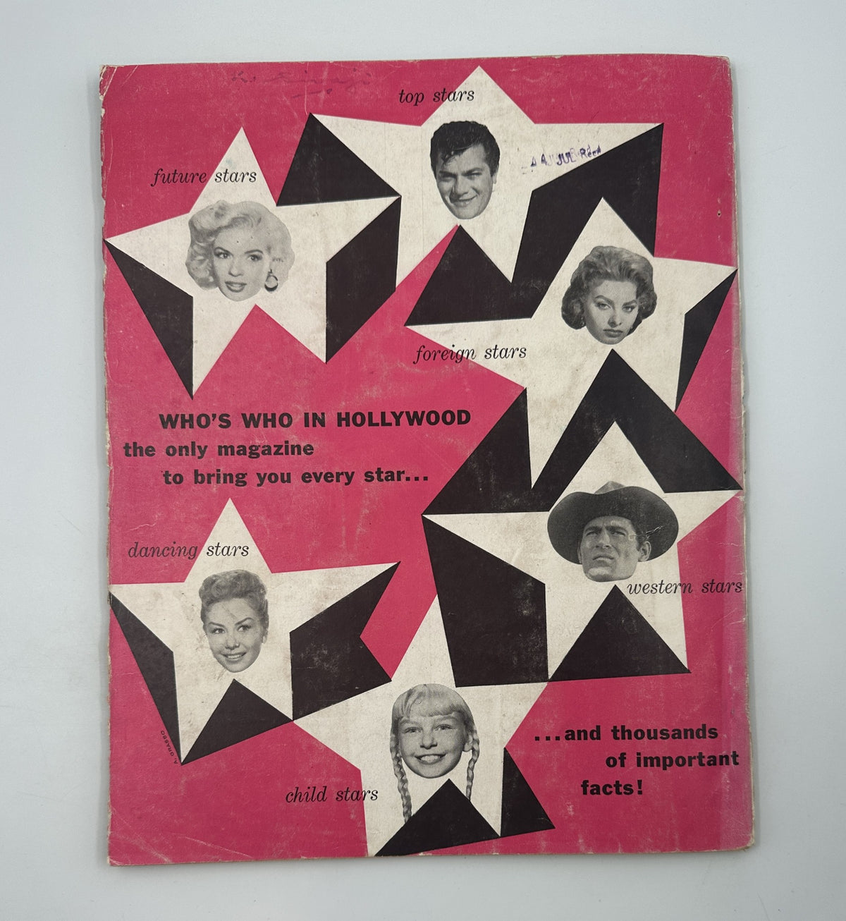 Cover of Who's Who in Hollywood Magazine 1957 featuring Debbie Reynolds as Star of the Year, showcasing various stars in a vibrant design with pink and black stars, highlighting future, foreign, and western stars.